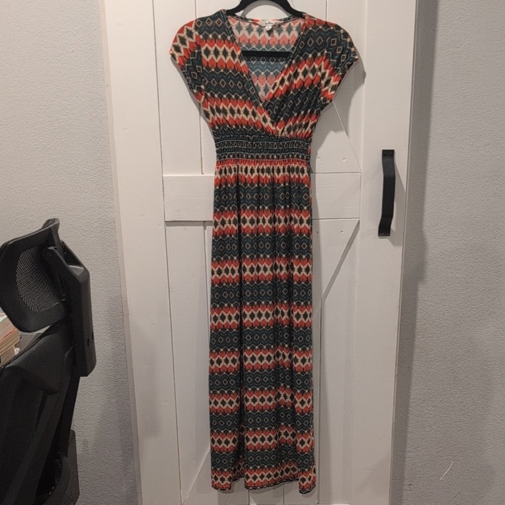 Beautiful 5th & Love Geometric Maxi Dress - Orange and Green, Lightweight Size S